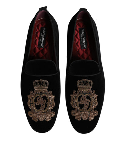 Dolce & Gabbana Black Velvet Gold Crown Mens Loafers