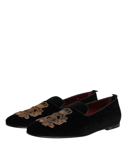 Dolce & Gabbana Black Velvet Gold Crown Mens Loafers