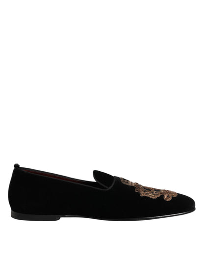 Dolce & Gabbana Black Velvet Gold Crown Mens Loafers