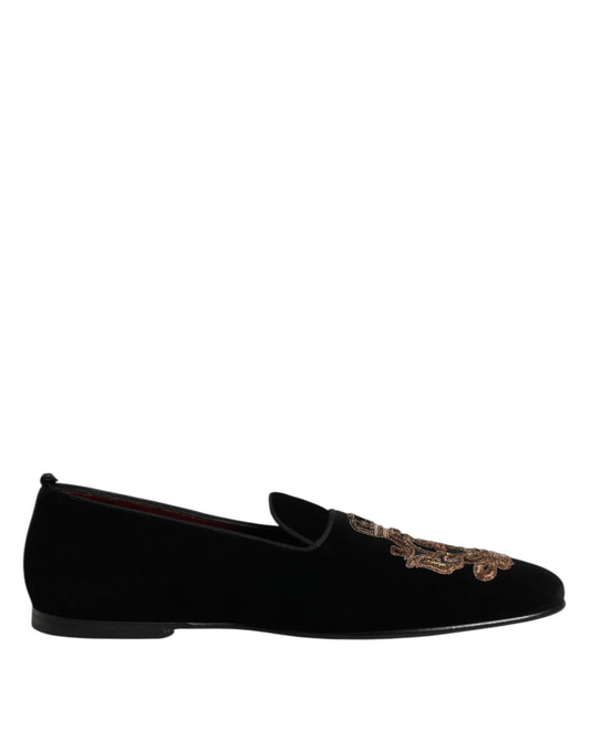 Dolce & Gabbana Black Velvet Gold Crown Mens Loafers
