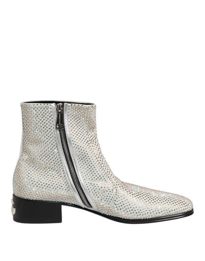 Dolce & Gabbana White Strass DG Logo Heels Ankle Boots