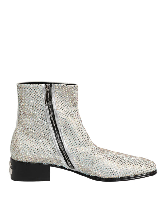 Dolce & Gabbana White Strass DG Logo Heels Ankle Boots
