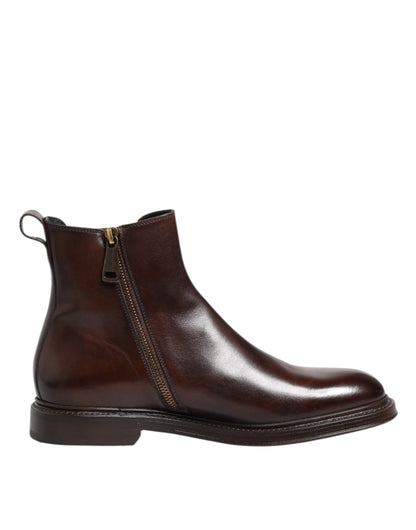 Dolce & Gabbana Brown Chelsea Leather Mid Calf Boots Shoes