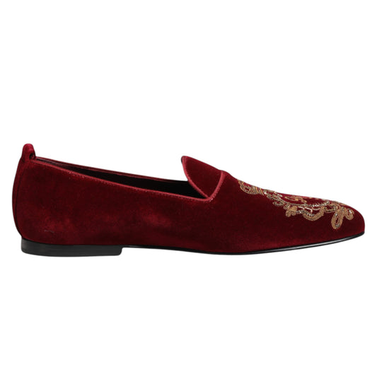 Dolce & Gabbana Red Velvet Gold Crown Mens Loafers