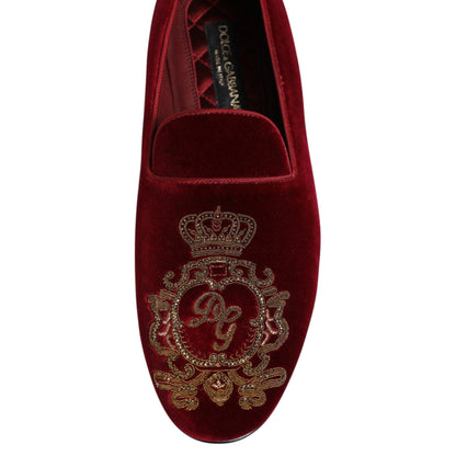 Dolce & Gabbana Red Velvet Gold Crown Mens Loafers