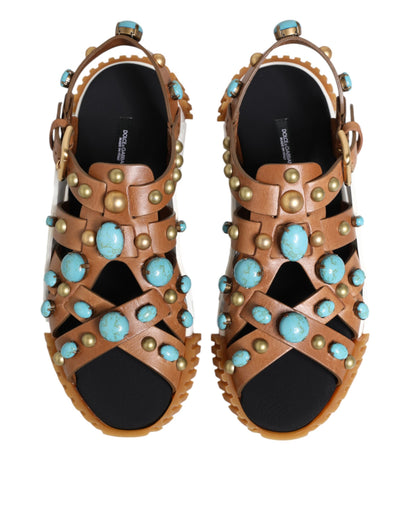 Dolce & Gabbana Brown Leather Studded Slides