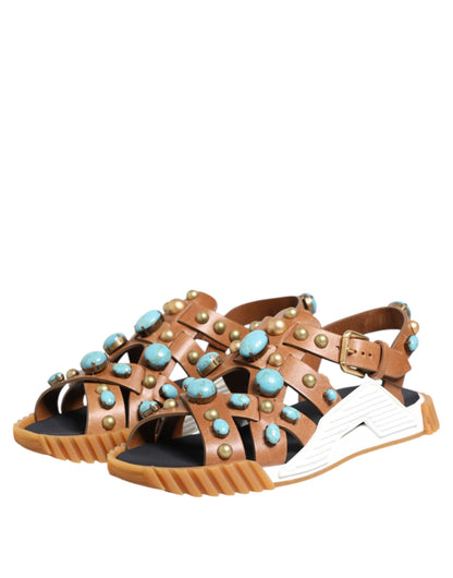 Dolce & Gabbana Brown Leather Studded Slides