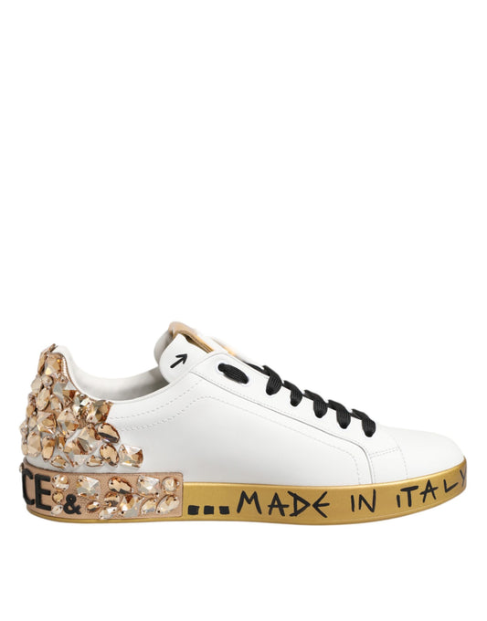 Dolce & Gabbana White Gold Crystal Portofino Sneakers
