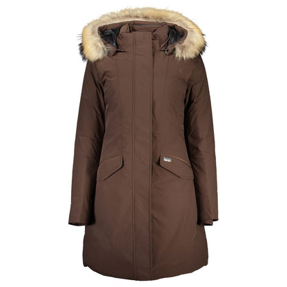 Woolrich Brown Cotton Long Jacket with Hood