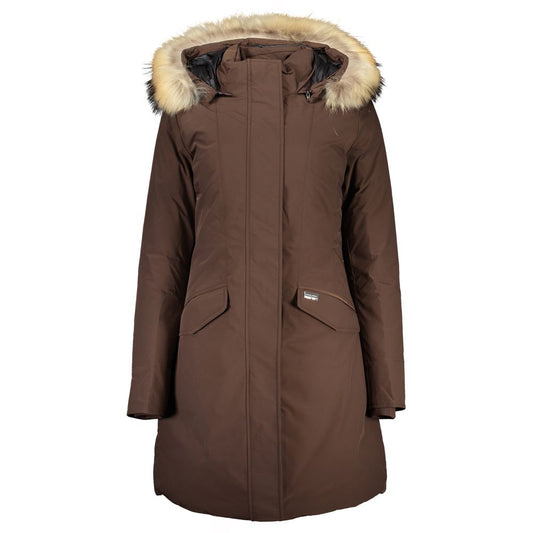Woolrich Brown Cotton Long Jacket with Hood