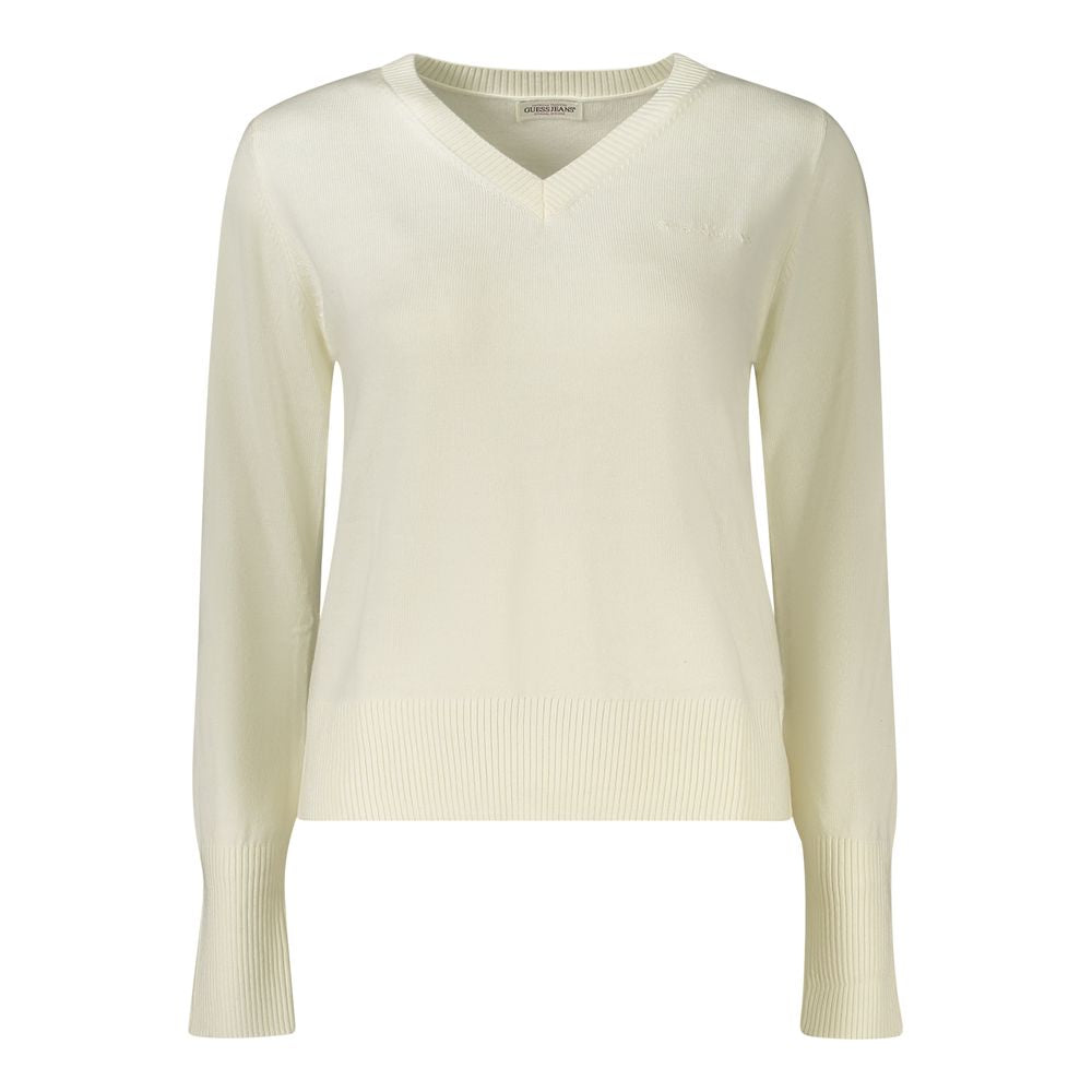 Guess Jeans White Wool Sweater - Long Sleeved V-Neck with Embroidery