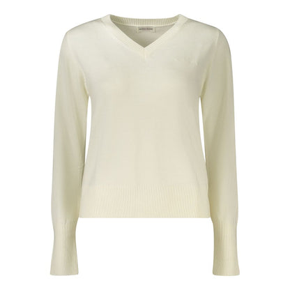 Guess Jeans White Wool Sweater - Long Sleeved V-Neck with Embroidery