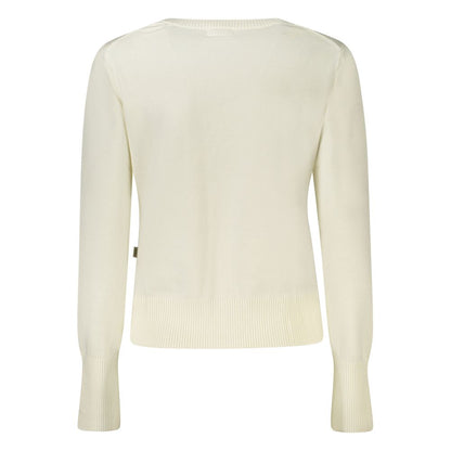 Guess Jeans White Wool Sweater - Long Sleeved V-Neck with Embroidery