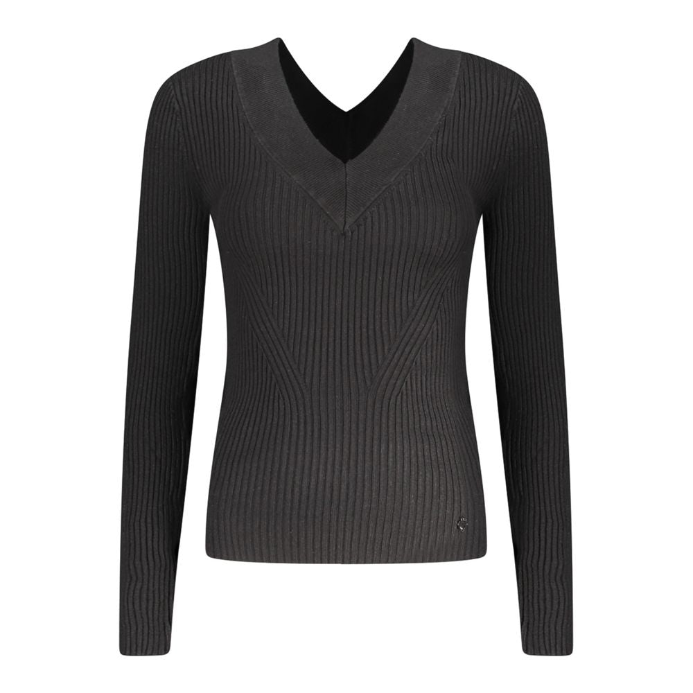 Guess Jeans Black Viscose Sweater: Elegant V-Neck with Contrast Detailing
