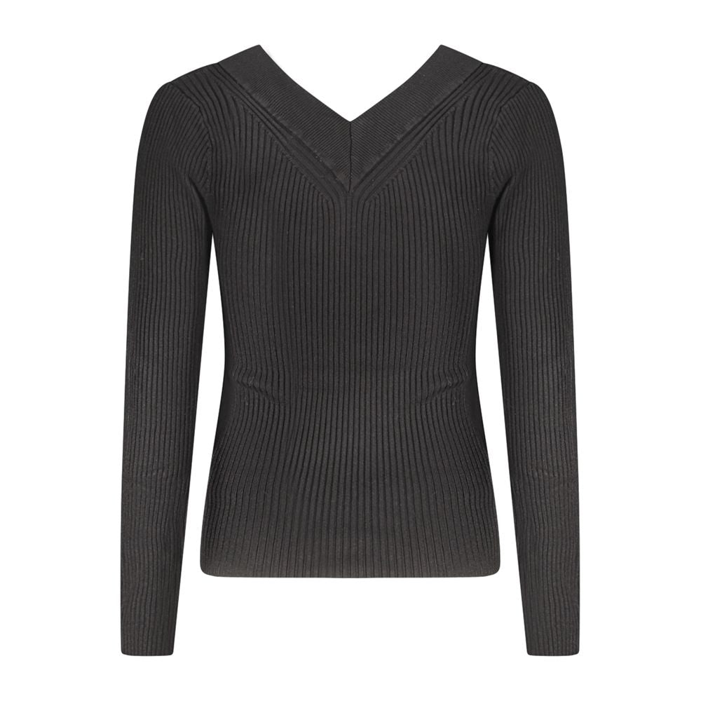 Guess Jeans Black Viscose Sweater: Elegant V-Neck with Contrast Detailing