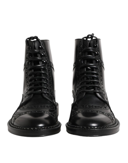 Dolce & Gabbana Black Leather Lace Up Mid Calf Boots