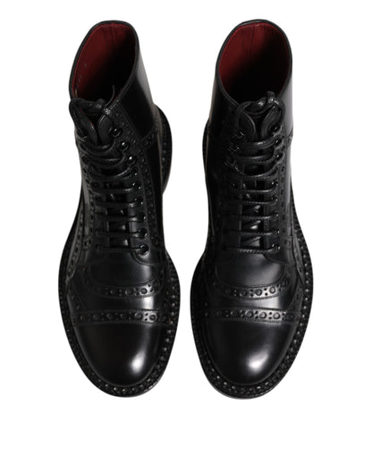 Dolce & Gabbana Black Leather Lace Up Mid Calf Boots