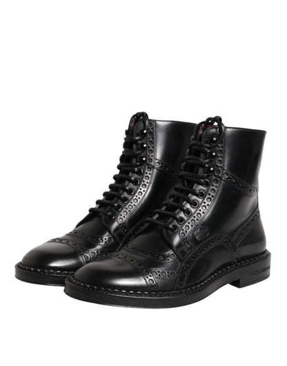 Dolce & Gabbana Black Leather Lace Up Mid Calf Boots