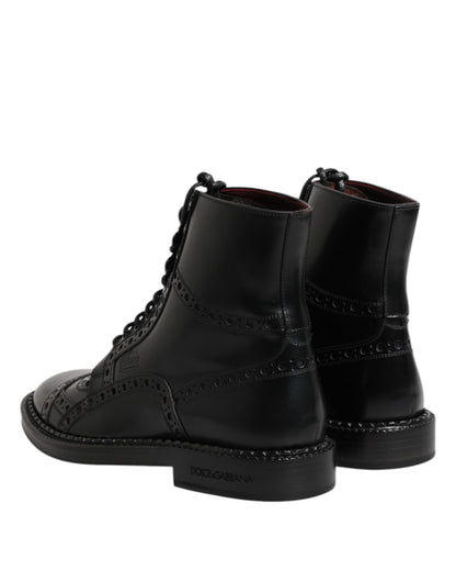 Dolce & Gabbana Black Leather Lace Up Mid Calf Boots