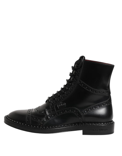 Dolce & Gabbana Black Leather Lace Up Mid Calf Boots