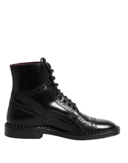 Dolce & Gabbana Black Leather Lace Up Mid Calf Boots