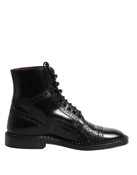 Dolce & Gabbana Black Leather Lace Up Mid Calf Boots