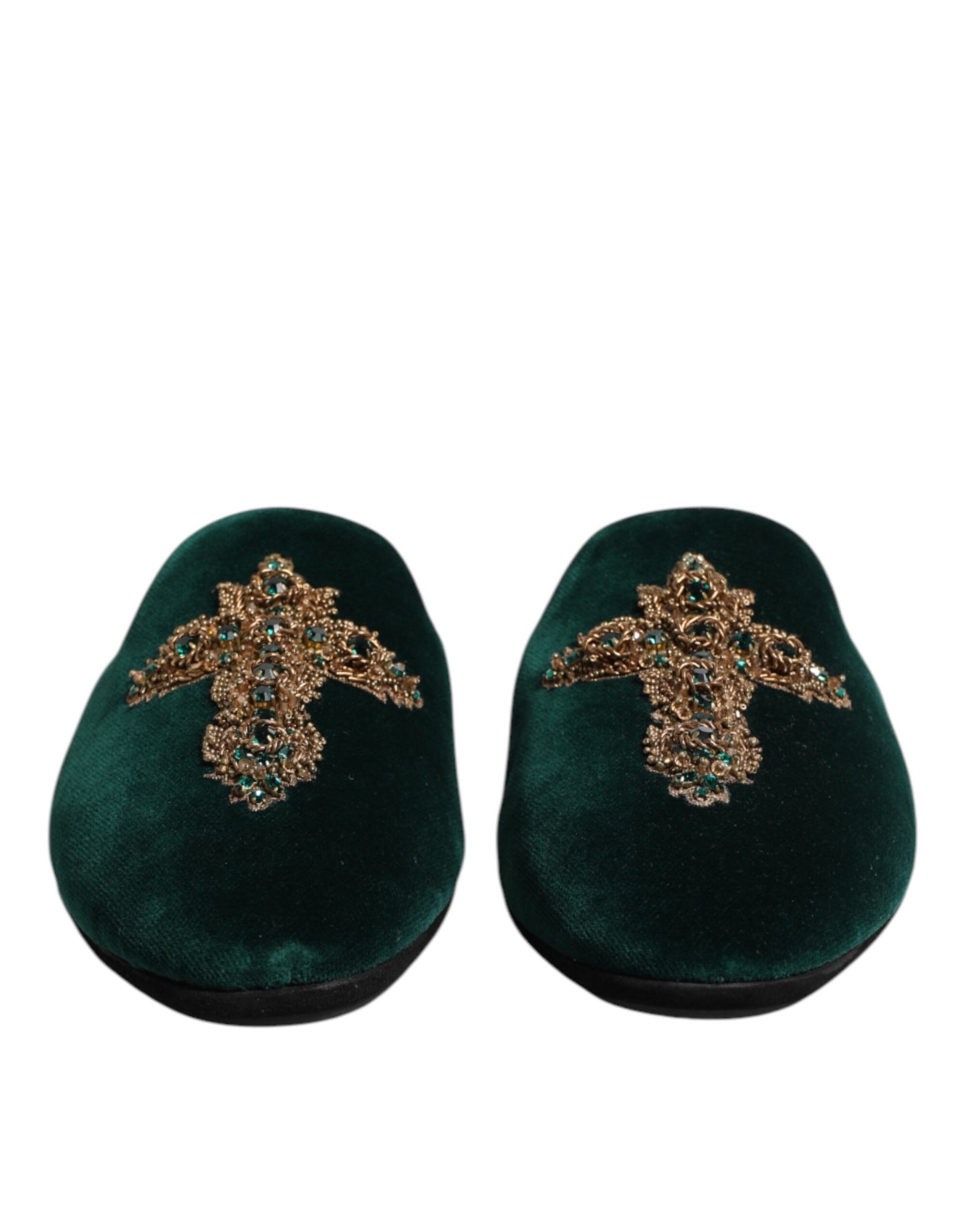 Dolce & Gabbana Green Velvet Cross Embellished Slippers