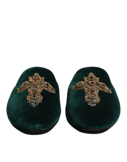 Dolce & Gabbana Green Velvet Cross Embellished Slippers