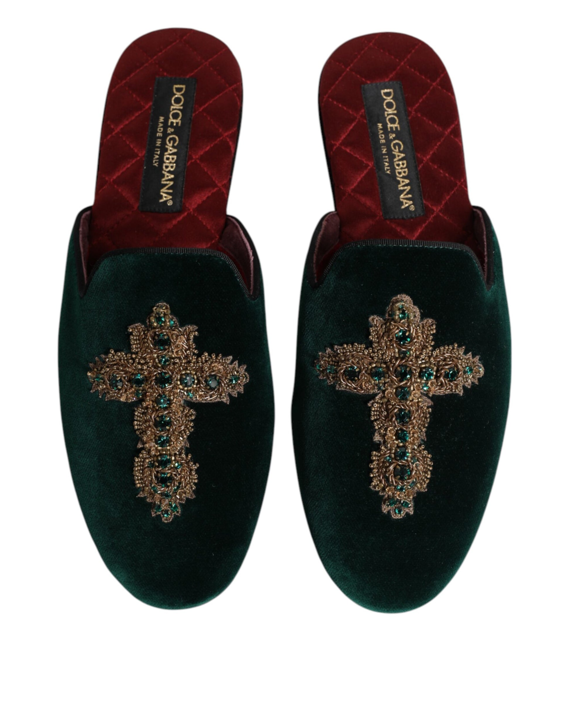 Dolce & Gabbana Green Velvet Cross Embellished Slippers