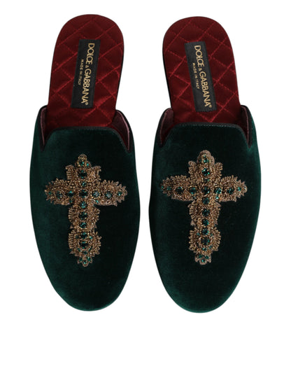 Dolce & Gabbana Green Velvet Cross Embellished Slippers