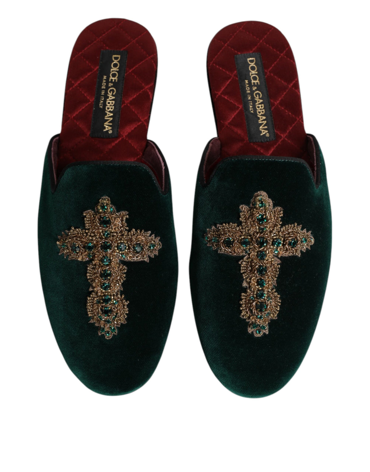 Dolce & Gabbana Green Velvet Cross Embellished Slippers for Men