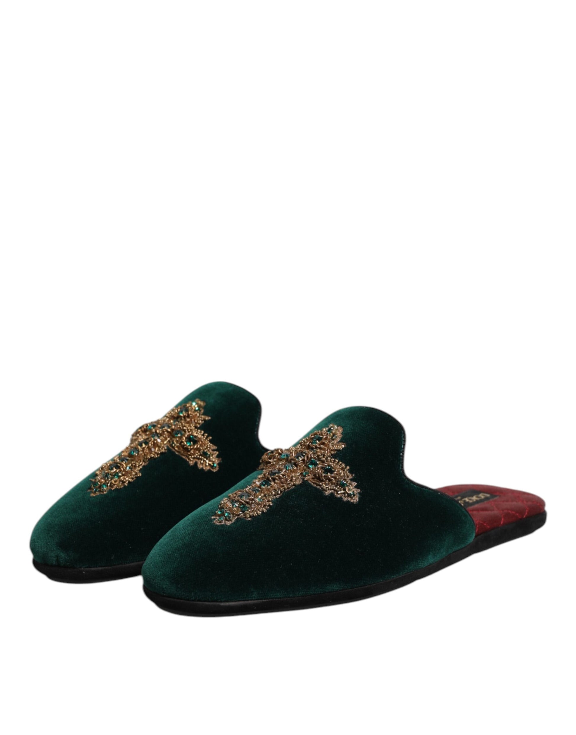 Dolce & Gabbana Green Velvet Cross Embellished Slippers