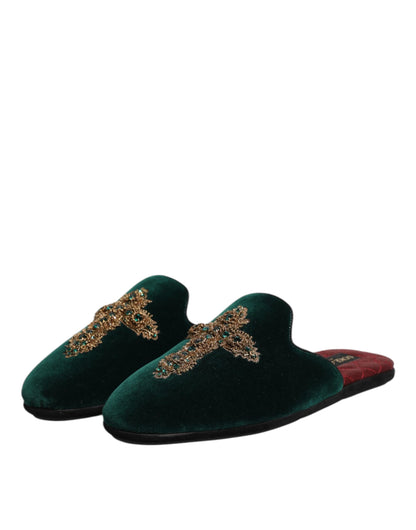 Dolce & Gabbana Green Velvet Cross Embellished Slippers