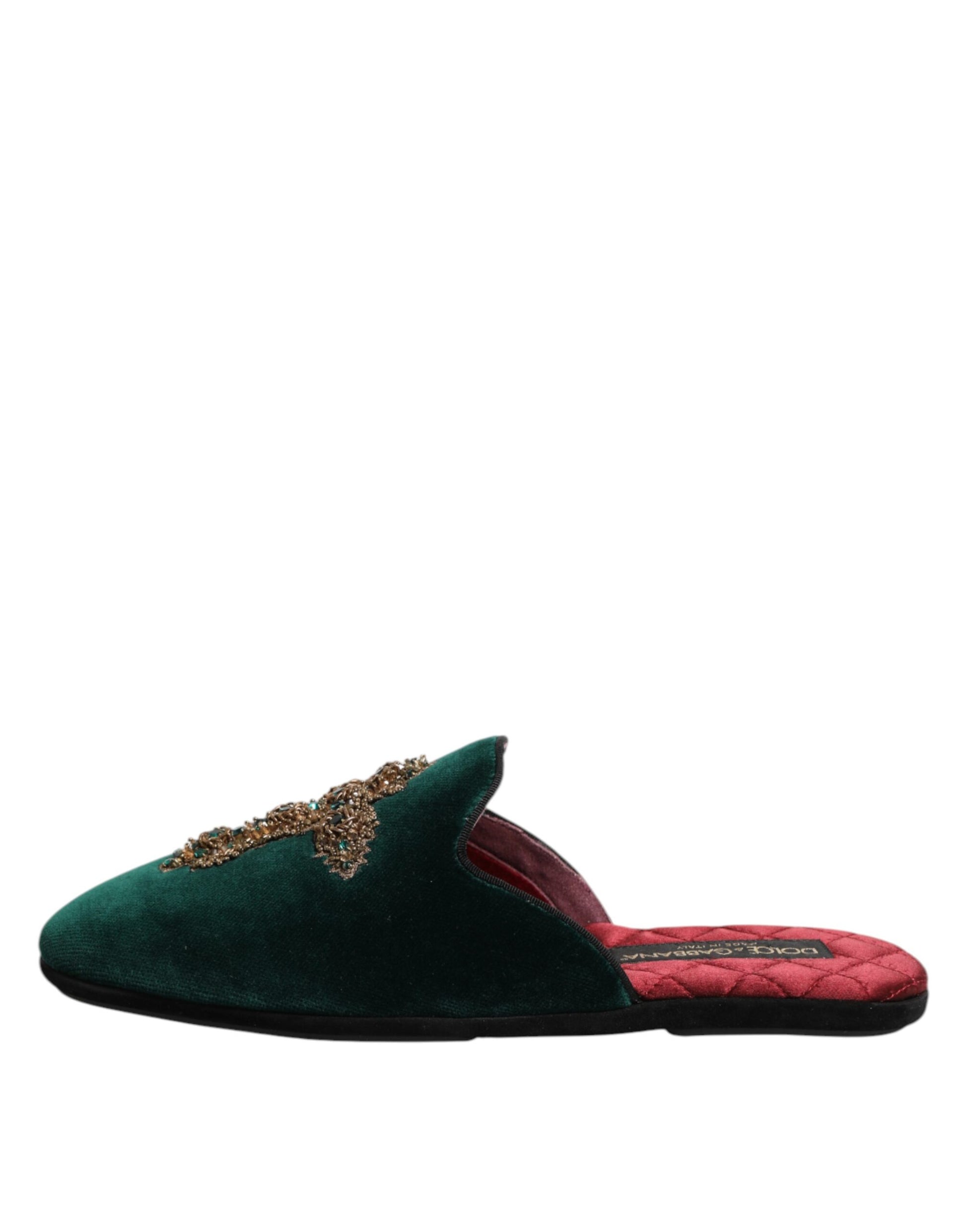 Dolce & Gabbana Green Velvet Cross Embellished Slippers