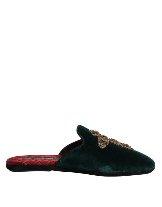 Dolce & Gabbana Green Velvet Cross Embellished Slippers
