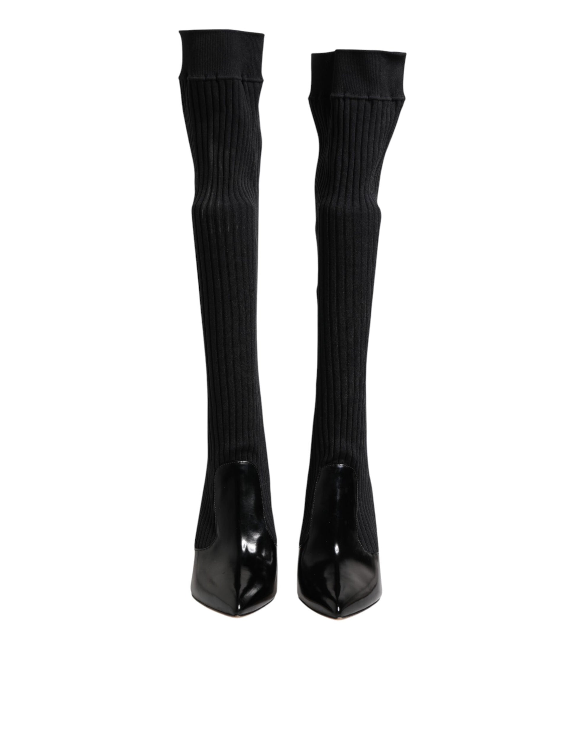 Dolce & Gabbana Black Leather Ribbed Knit Knee Boots