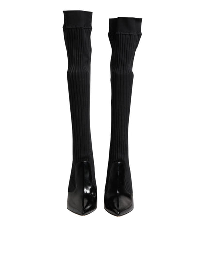 Dolce & Gabbana Black Leather Ribbed Knit Knee Boots