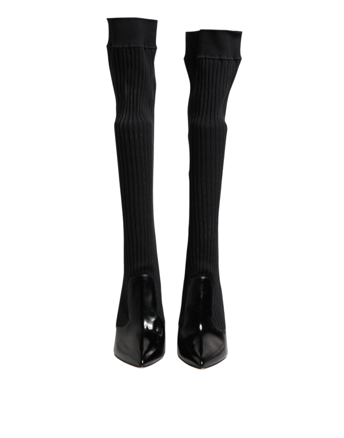 Dolce & Gabbana Black Leather Ribbed Knit Knee Boots