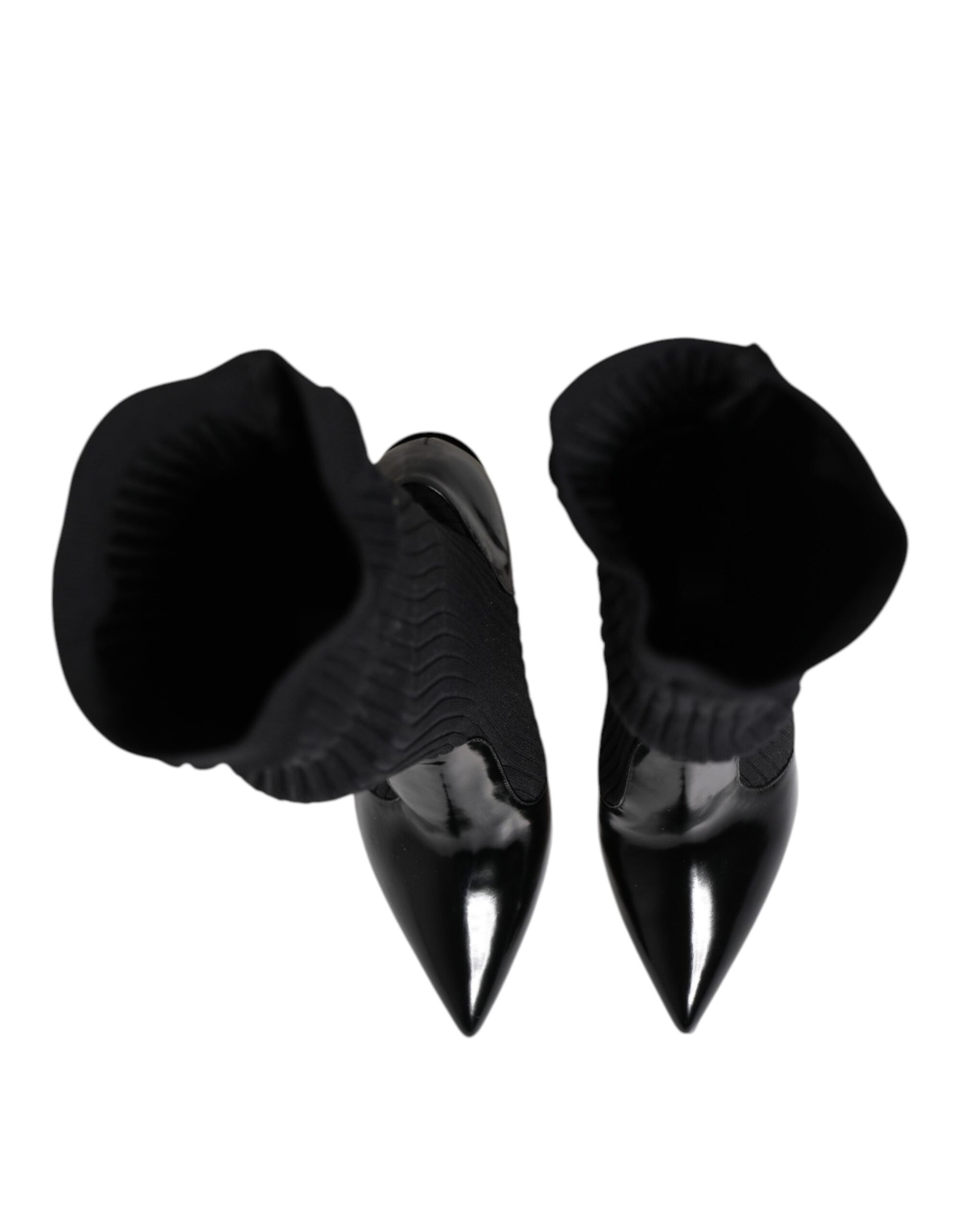 Dolce & Gabbana Black Leather Ribbed Knit Knee Boots