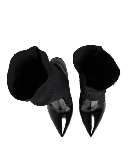 Dolce & Gabbana Black Leather Ribbed Knit Knee Boots