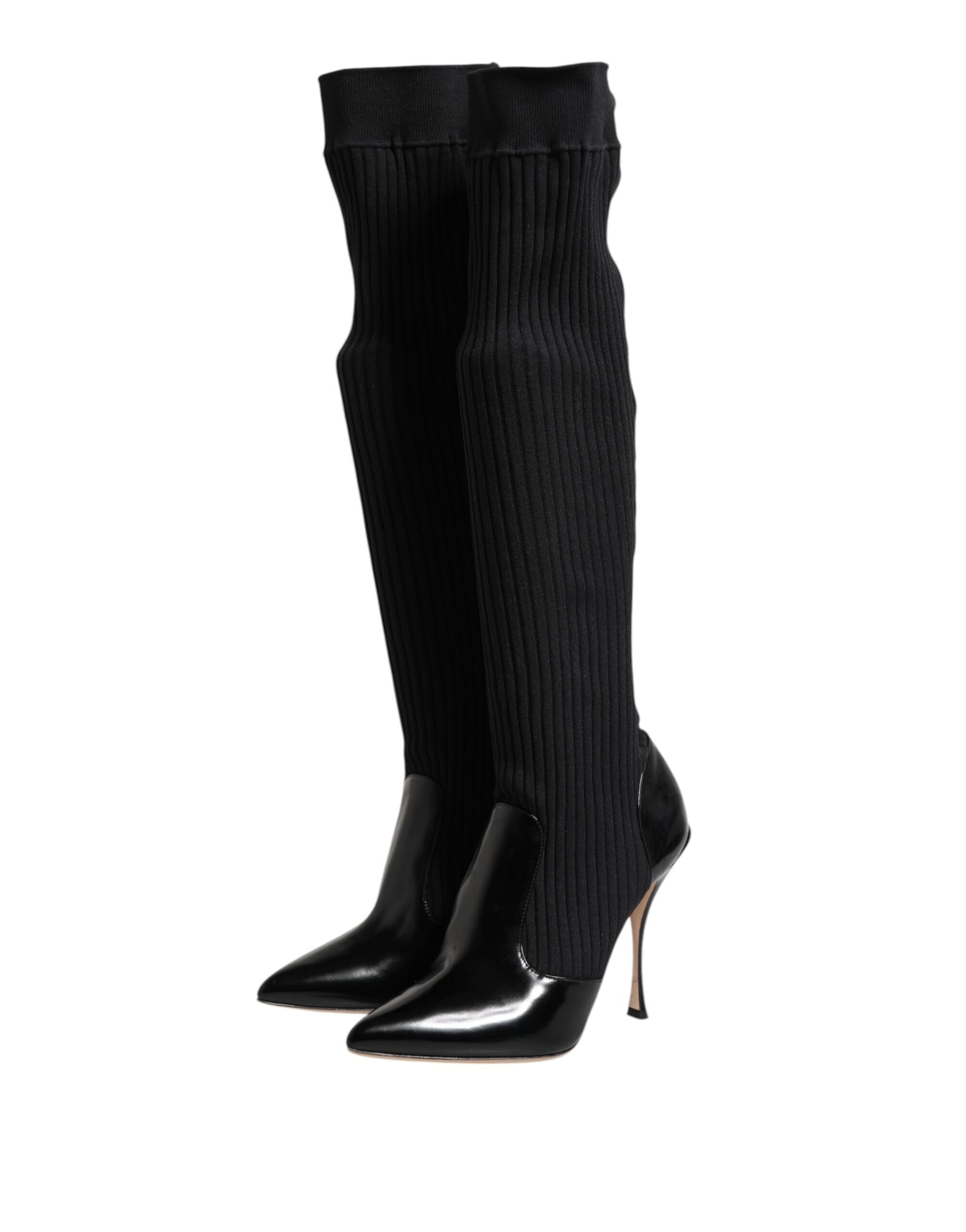 Dolce & Gabbana Black Leather Ribbed Knit Knee Boots
