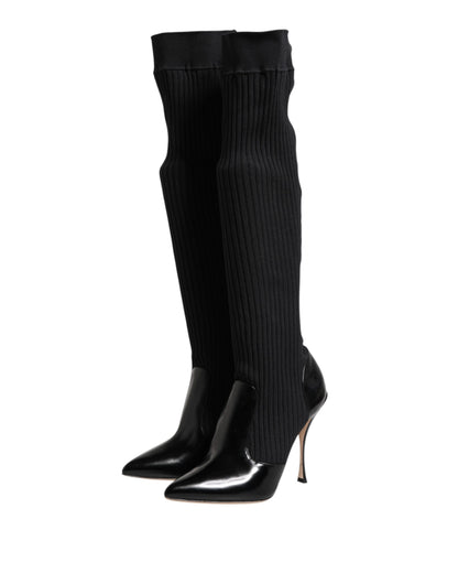Dolce & Gabbana Black Leather Ribbed Knit Knee Boots