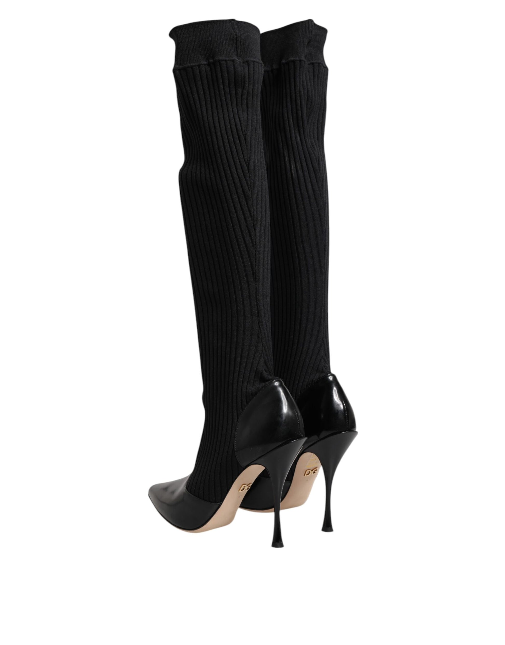 Dolce & Gabbana Black Leather Ribbed Knit Knee Boots
