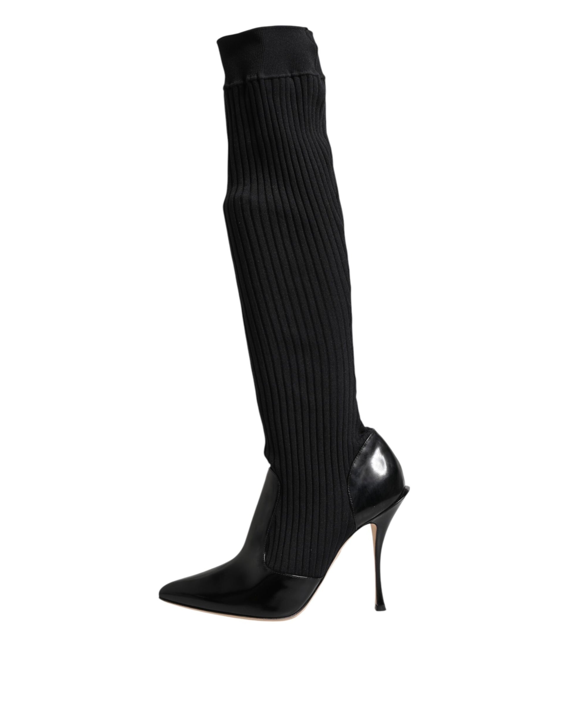 Dolce & Gabbana Black Leather Ribbed Knit Knee Boots