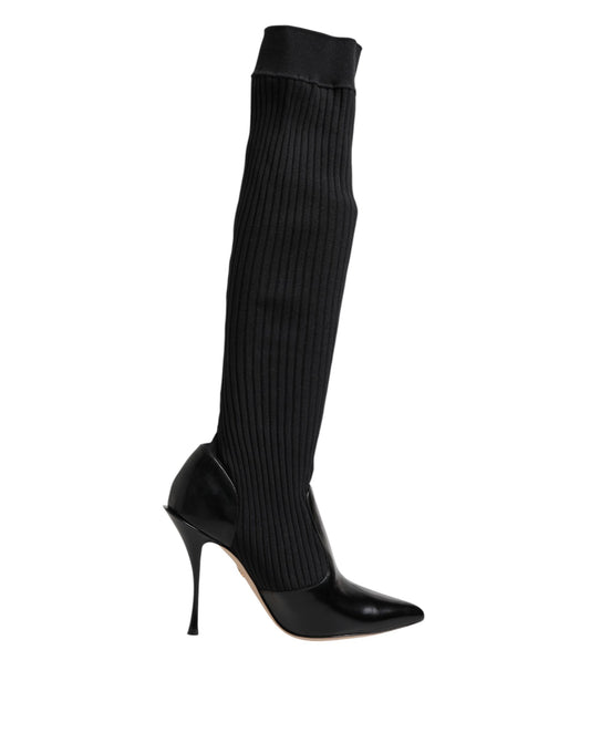 Dolce & Gabbana Black Leather Ribbed Knit Knee Boots
