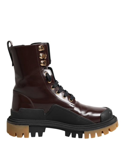 Dolce & Gabbana Maroon Leather Mid Calf Biker Boots Shoes