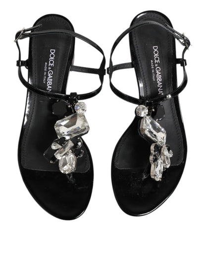 Dolce & Gabbana Black Leather Crystal Ankle Strap Sandals