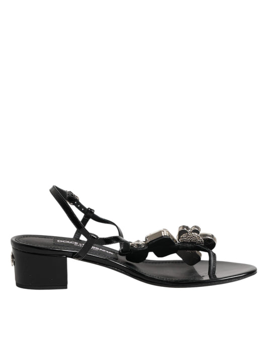 Dolce & Gabbana Black Leather Crystal Ankle Strap Sandals