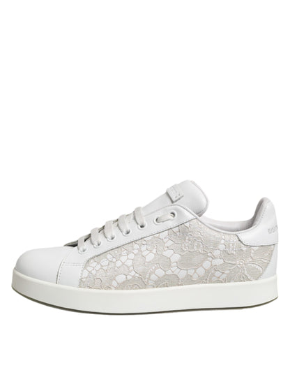 Dolce & Gabbana White Lace Leather Low Top Sneakers
