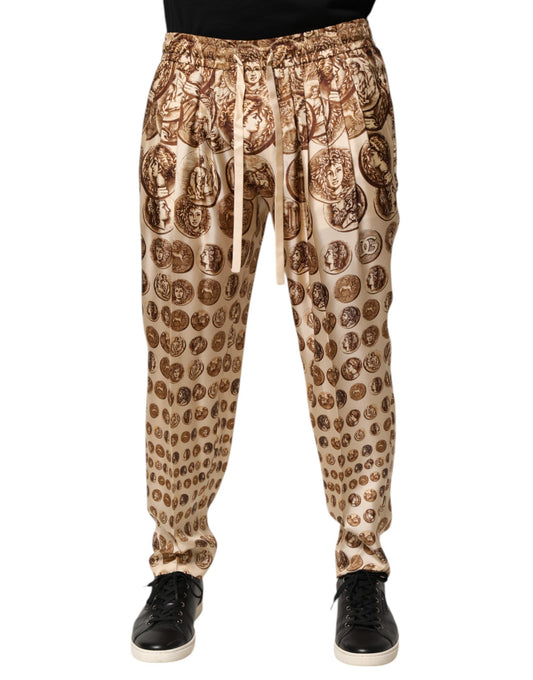 Dolce & Gabbana Beige Coin Print Silk Twill Jogger Pants